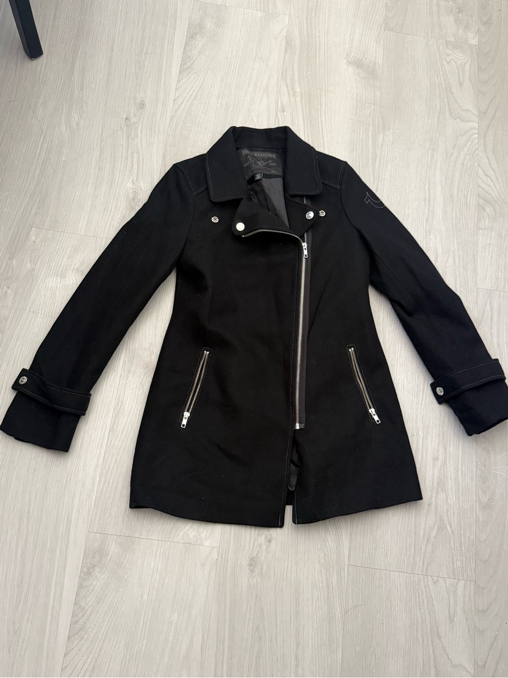 True Religion Wool Blend Moto Pea Coat Jacket Black Asymmetrical Zip - SizeSmall